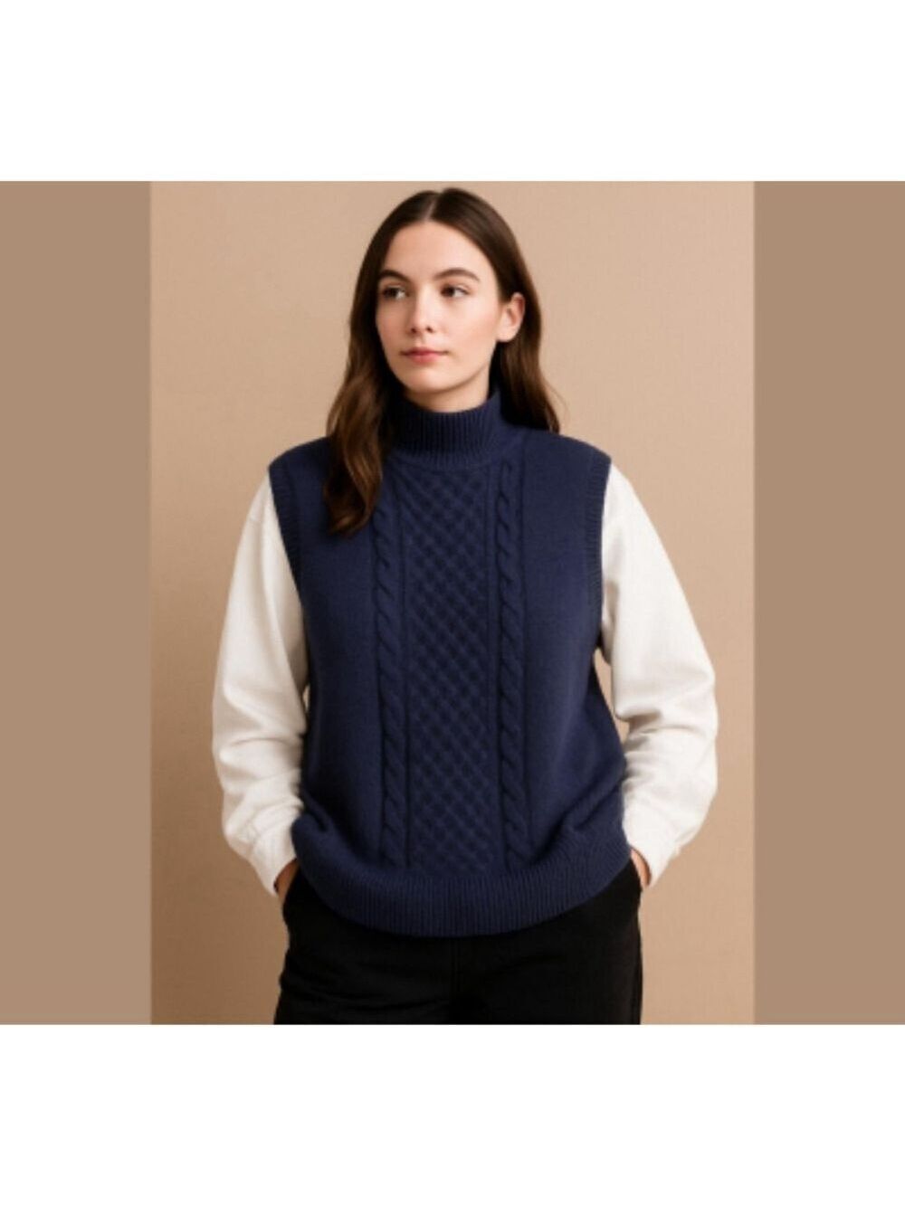 Loft Petite Cable Knit Mixed Sweater cotton blue white vest duo Academia Sz LP